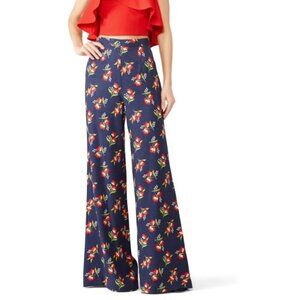 Jill Jill Stuart‎ Floral Flare Wide Leg Navy Blue Satin Swiss Dot Pants Size XL